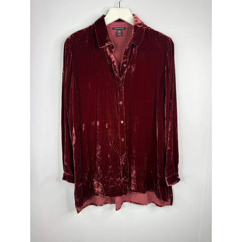 Eileen Fisher Crushed‎ Velvet Button Up Top Tunic Sz XXS Burgundy Whimsigoth